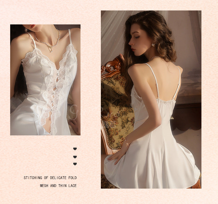 DZ Luxurious Smooth Ice Silk Nightdress Sexy Sheer Lace Deep V Open-front Nightdress and Robe Women's Set5219