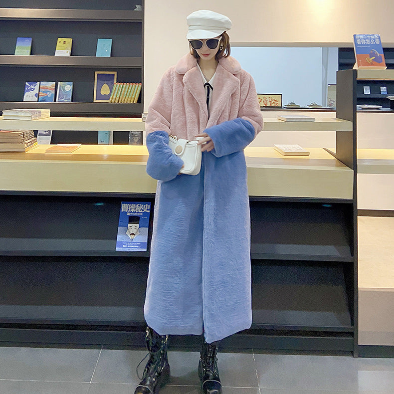Loose mink fur stitching long coat Mao Mao suit collar women's coat