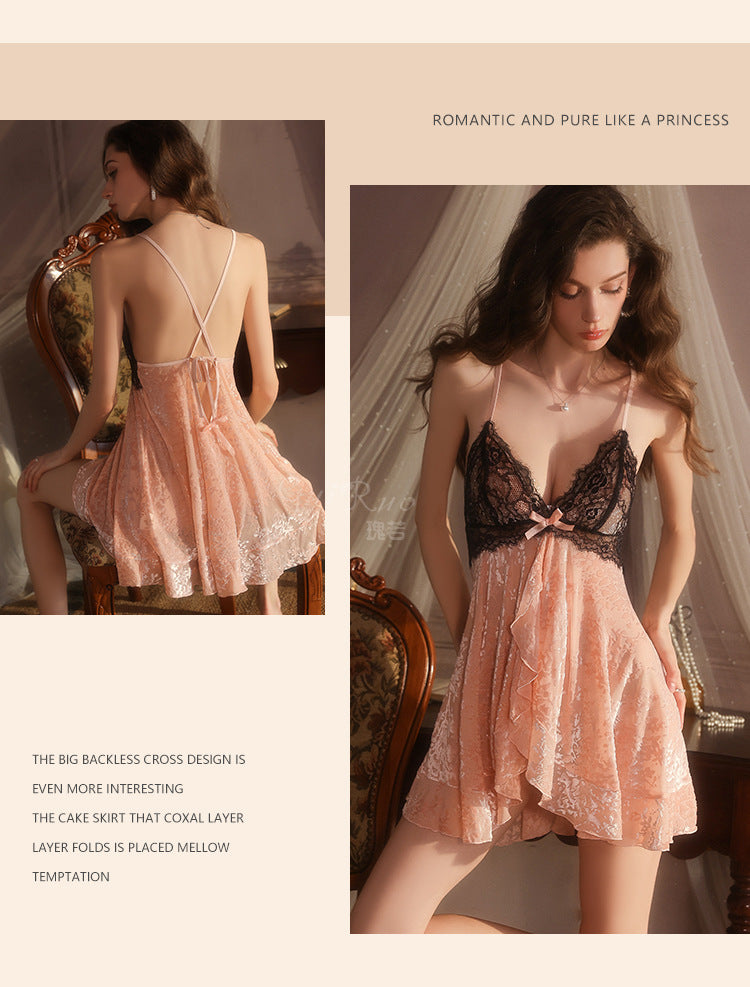 DZ Gorgeous Sexy Hot Backless Velvet Nightdress Passionate Temptation with Chest Pads Plus Size Homewear Set5913