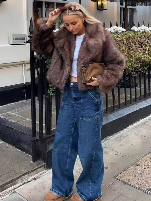 Europe and America wind lapel fur short fox fur coat fashion simple female environmental protection.