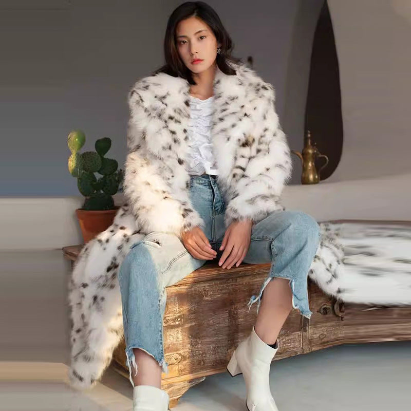 Winter Korean Style Leopard Print Shearling Coat for Women, Long Suit Collar Fox Fur Mink Coat