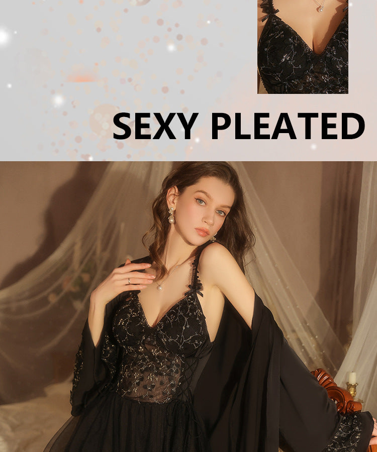 DZ Luxurious Ice Silk Lingerie Sweet Temptation Lace Deep V Padded Nightdress with Open Front Robe Set M5516