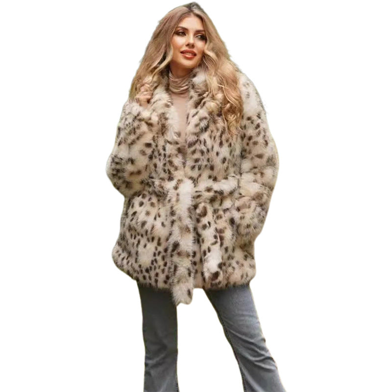 Europe, America, autumn and winter, new plus size women's fur leopard coat, suit collar and long section.