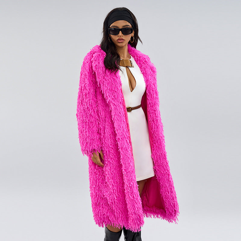 Cross-Border Foreign Trade European and American Fur Coat Warm Solid Color Fashionable Fur Extended Length Fur Coat Unique Overcoat