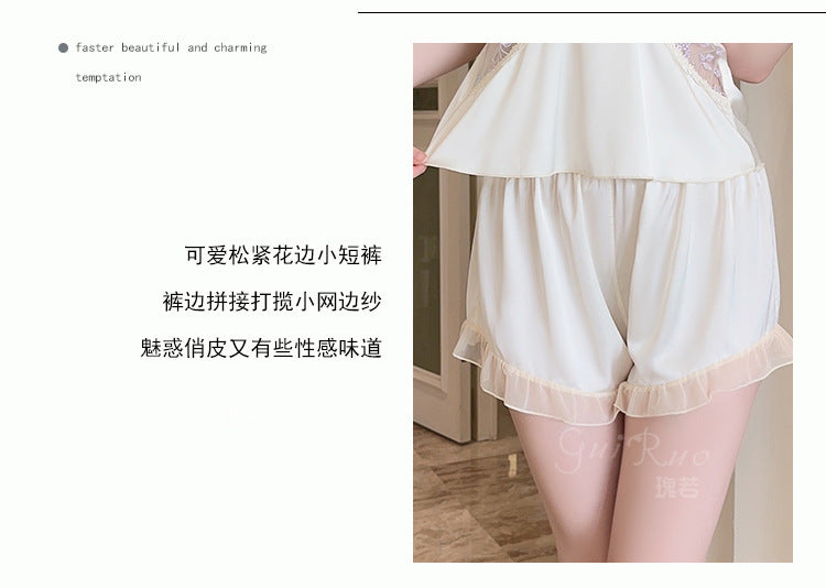 Rose-like Deep V Push-Up Padded Ice Silk Lingerie Passionate Temptation Mesh Camisole Long and Short Pants Three-Piece Set5259