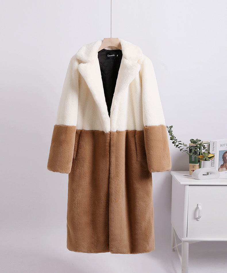 Loose mink fur stitching long coat Mao Mao suit collar women's coat