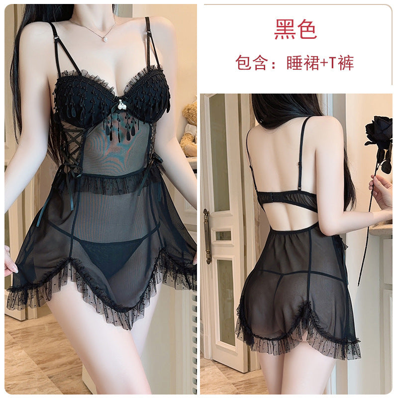 DZ Gorgeous Erotic Lingerie Playful Pure Desire Tassel Decoration Sexy Padded See-through Mesh Nightdress Set5277