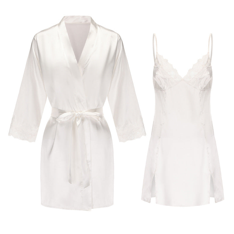 DZ Magnificent and fiery deep V Low-Cut Lingerie Pure Desire Simple Smooth Ice Silk Nightdress Lace-Up Robe Women's Set5149