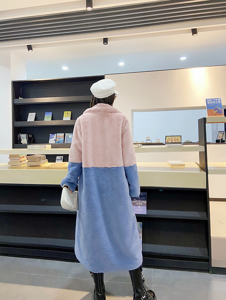 Loose mink fur stitching long coat Mao Mao suit collar women's coat