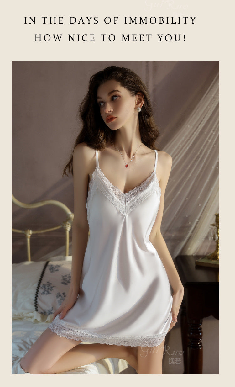 DZ Magnificent and fiery deep V Sexy Backless Lace Smooth Satin Nightdress Set with Chest Pads5585