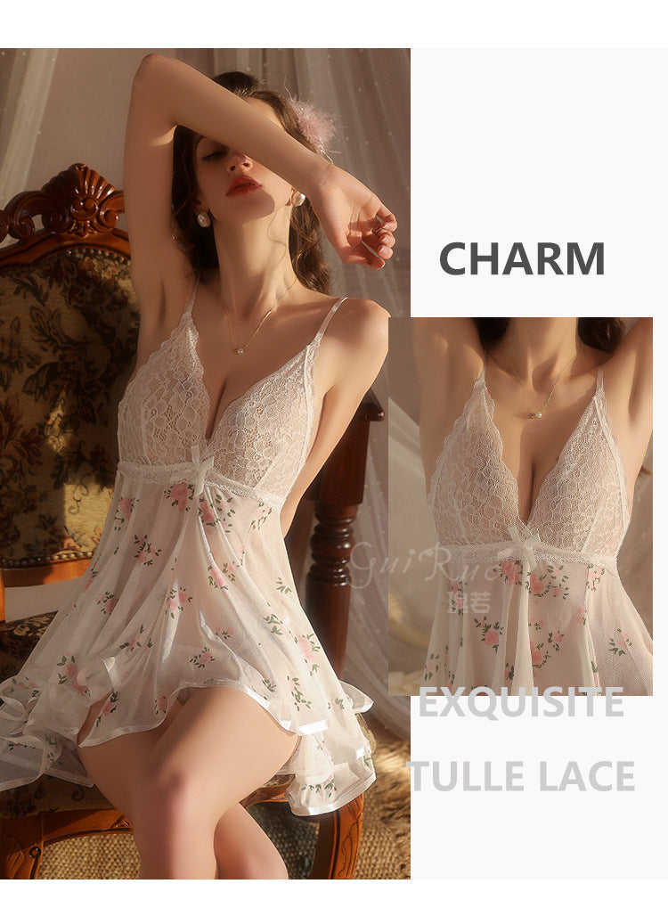 DZ Magnificent Women's Lingerie Passionate Deep V Low-cut Sexy Pure Desire Sheer Mesh Camisole Dress Set5667