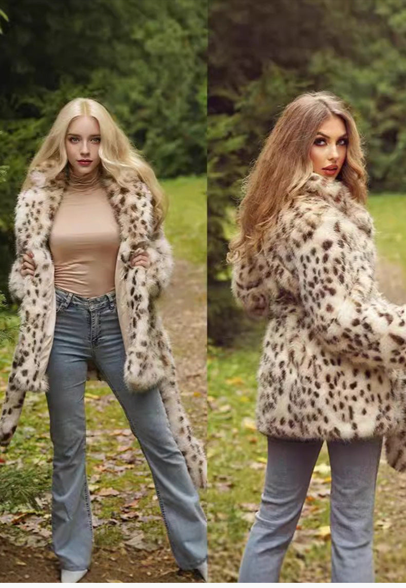 Europe, America, autumn and winter, new plus size women's fur leopard coat, suit collar and long section.