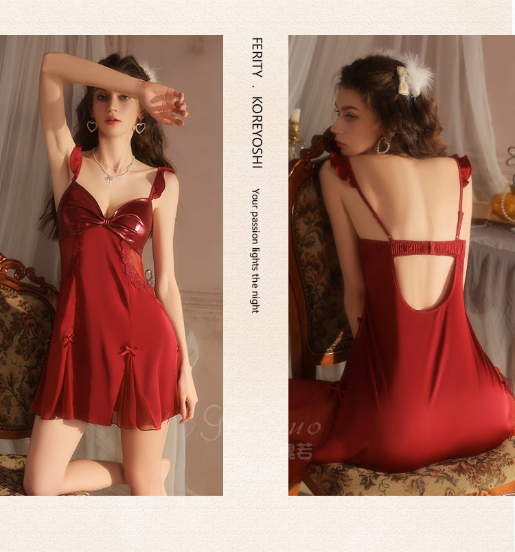 DZ Elegant Women's Light Luxury Smooth Satin Nightgown Deep V Backless Sexy Padded Nightdress Homewear Set C5542