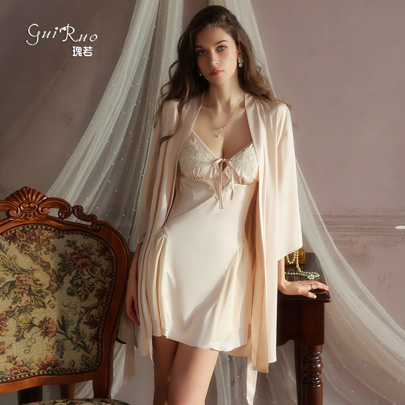 DZ Luxurious Plus Size Light Luxury Ice Silk Lingerie Passionate Hot Backless Padded Nightdress Robe Homewear Set4940