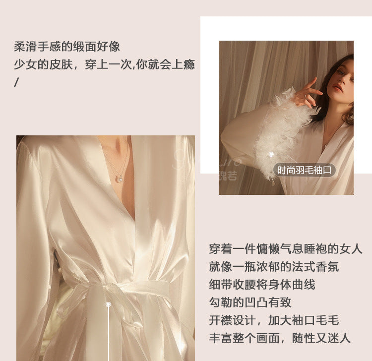 DZ Gorgeous Plus Size Ice Silk Temptation Nightgown Sexy Hot Waist-Cinching Lazy Deep V Open-front Robe Women's Set5711