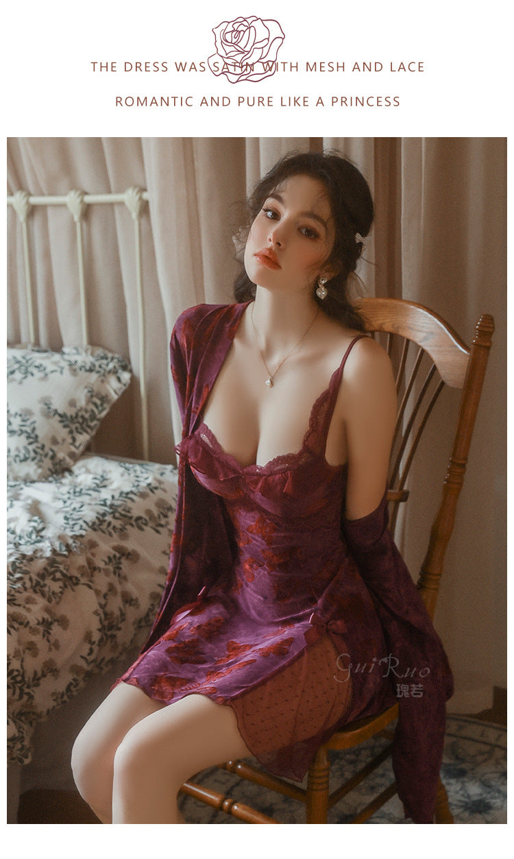 DZ Gorgeous Sexy Backless Nightdress Pure Desire Sweet Butterfly Print with Chest Pads Sleepwear Robe Women's Set QJ5286