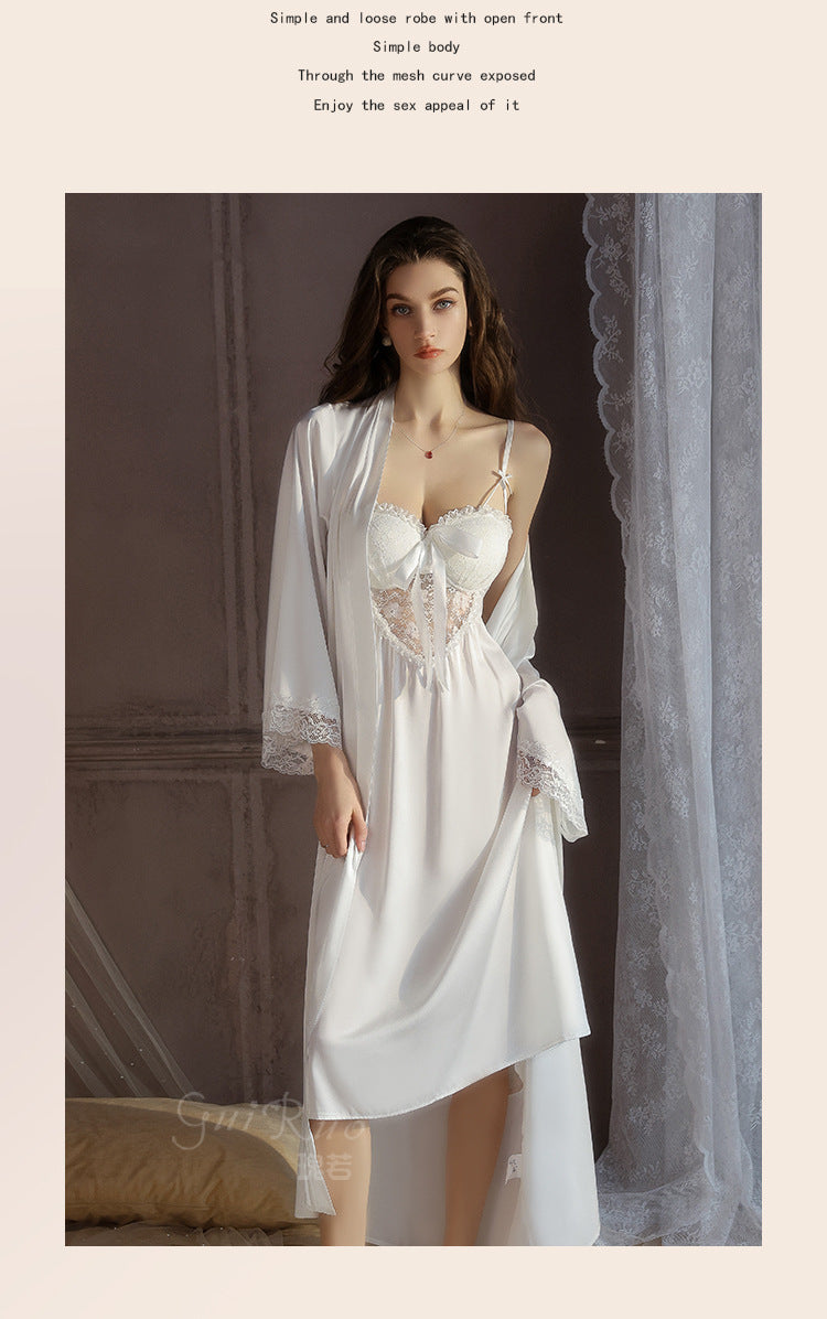 DZ Gorgeous Sexy Satin Nightdress Light Luxury Sweet Lace Deep V Gathered Padded Nightdress and Robe Set5045