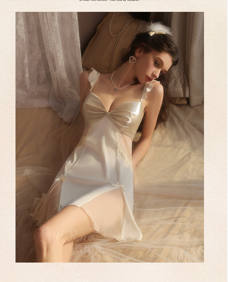 DZ Elegant Women's Light Luxury Smooth Satin Nightgown Deep V Backless Sexy Padded Nightdress Homewear Set C5542