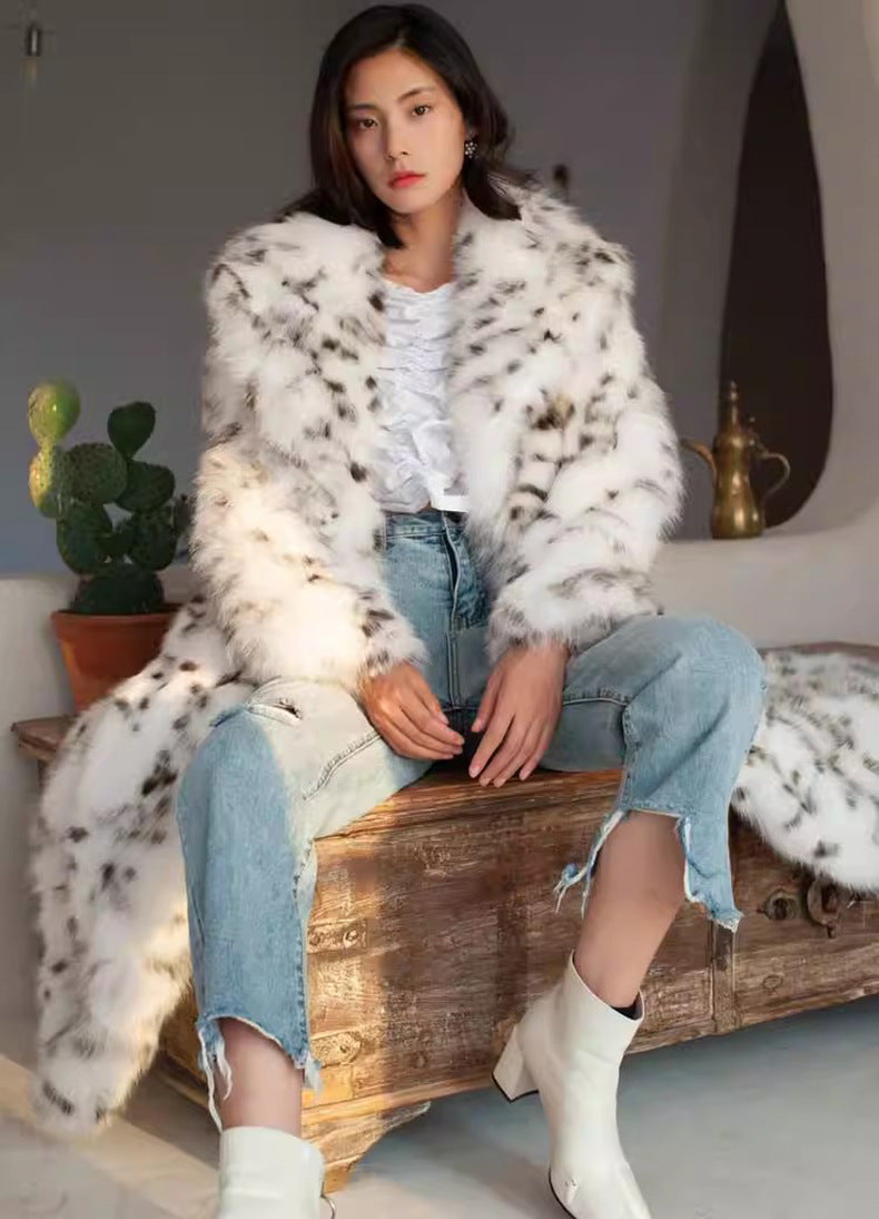 Winter Korean Style Leopard Print Shearling Coat for Women, Long Suit Collar Fox Fur Mink Coat