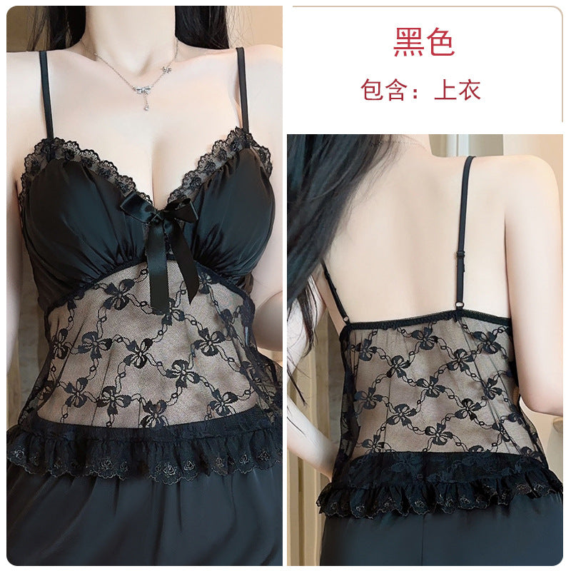 DZ Gorgeous Sweet Smooth Satin Lingerie Passionate Hot See-through Lace Padded Bra Top Three-piece Set5083