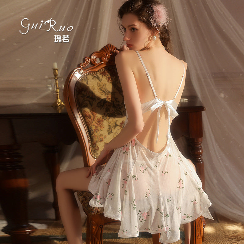 DZ Magnificent Women's Lingerie Passionate Deep V Low-cut Sexy Pure Desire Sheer Mesh Camisole Dress Set5667