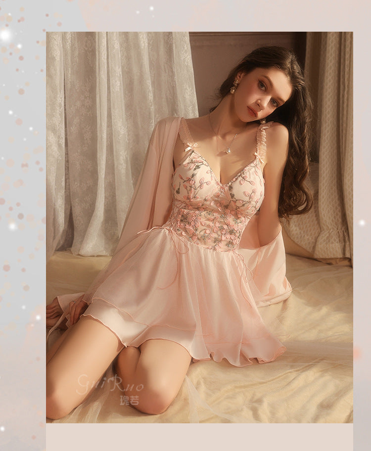 DZ Luxurious Ice Silk Lingerie Sweet Temptation Lace Deep V Padded Nightdress with Open Front Robe Set M5516