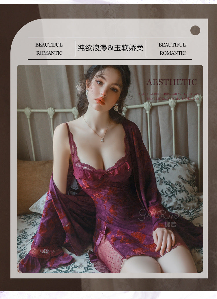 DZ Gorgeous Sexy Backless Nightdress Pure Desire Sweet Butterfly Print with Chest Pads Sleepwear Robe Women's Set QJ5286