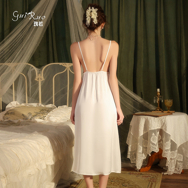 DZ Magnificent Pure Desire Backless V Lure Collar Ice Silk Camisole Nightdress Mesh Robe Women's Homewear Set5485