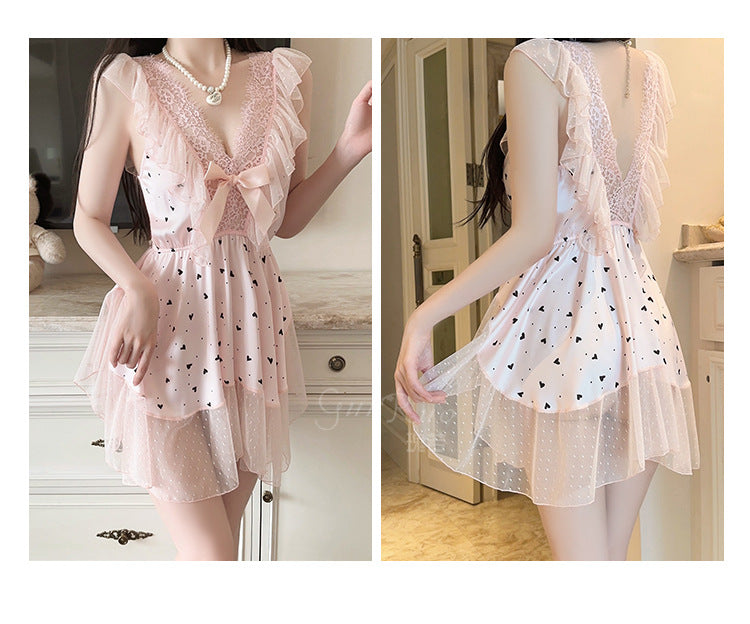 DZ Gorgeous Passionate Hot Low-Cut Nightdress Light Luxury Sheer Mesh Lace Sexy Satin Nightgown Women's Set5205